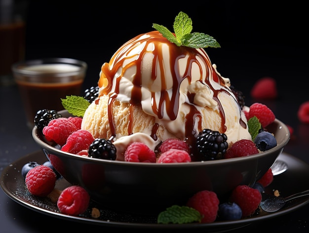 Helado con frutos del bosque y caramelo IA generativa