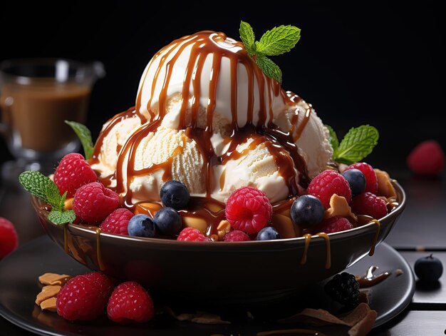 Helado con frutos del bosque y caramelo IA generativa