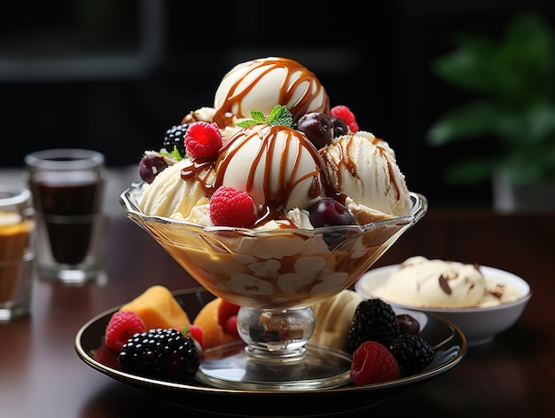 Helado con frutos del bosque y caramelo IA generativa