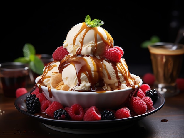 Helado con frutos del bosque y caramelo IA generativa