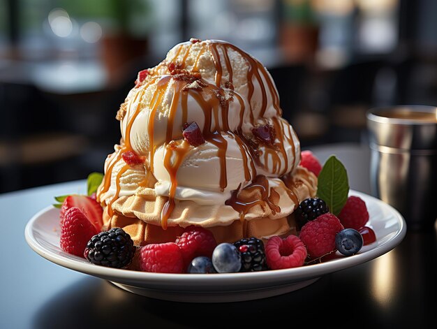 Helado con frutos del bosque y caramelo IA generativa