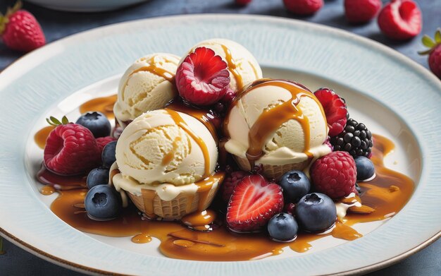 Helado con frutos rojos y caramelo