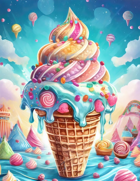 Foto un helado gigante en una tierra de dulces