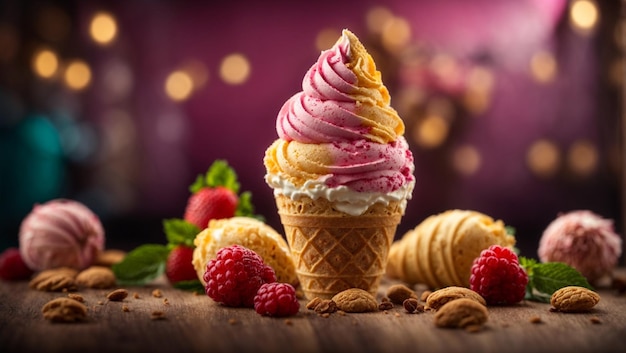 Helado de helado de fresa premium elaborado con las fresas más maduras y sabrosas mezcladas