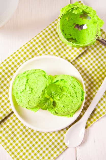 Foto helado con hojas de menta en un plato.