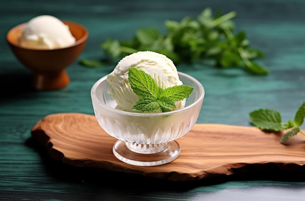 Helado de linón con hojas de menta, tres bolas en un recipiente blanco sobre una mesa vintage, sorbete, IA generativa