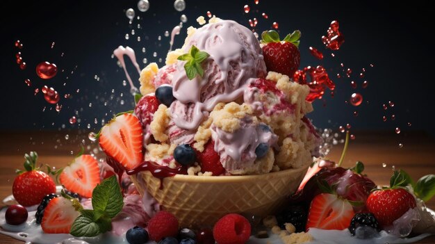 Foto helado lleno de sabores de frutas con fondo negro y borroso