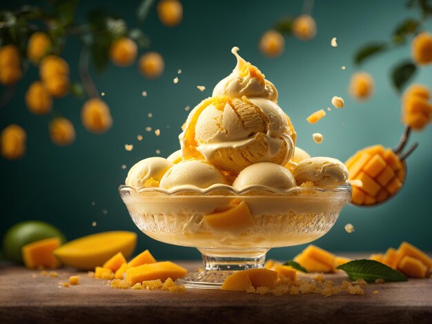 El helado de mango flotante es un delicioso postre congelado refrescante helado de puré de mango fresco con crema de leche