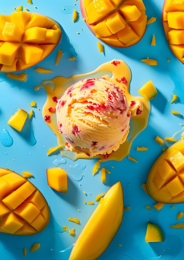 Helado de mango con rebanadas de mango fresco sobre un fondo azul