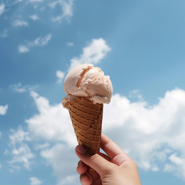 Helado a mano con fondo de cielo