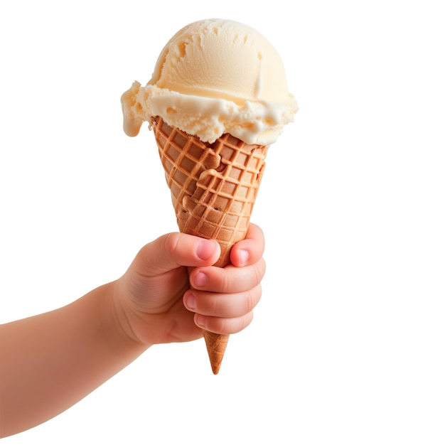 Helado en la mano de un niño aislado en un fondo blanco o transparente primer plano helado de vainilla