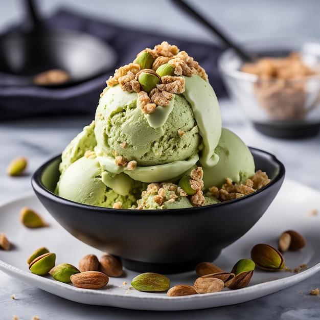 helado matcha con pistacho en el cuenco negro