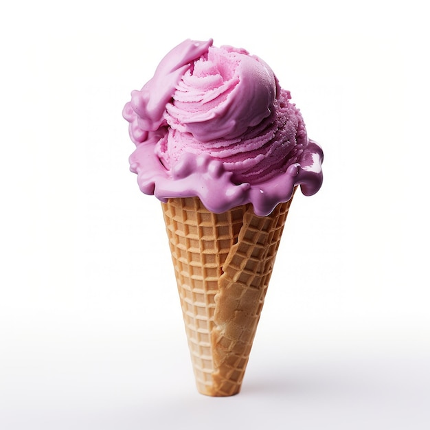 Helado morado en cono de waffle aislado sobre fondo blanco