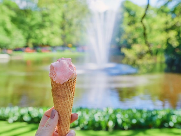 Helado de naranja sobre fondo de paisaje de flores de primavera o verano Concepto de estilo de vida de viaje de comida