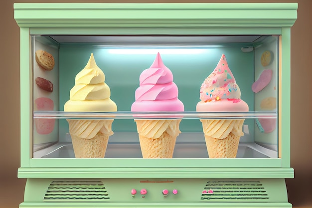 Helado en nevera vitrina en pastelería Generative Ai