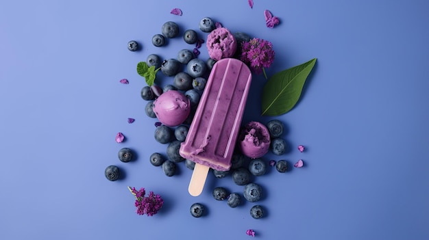 Un helado de paleta púrpura con arándanos sobre un fondo azul.