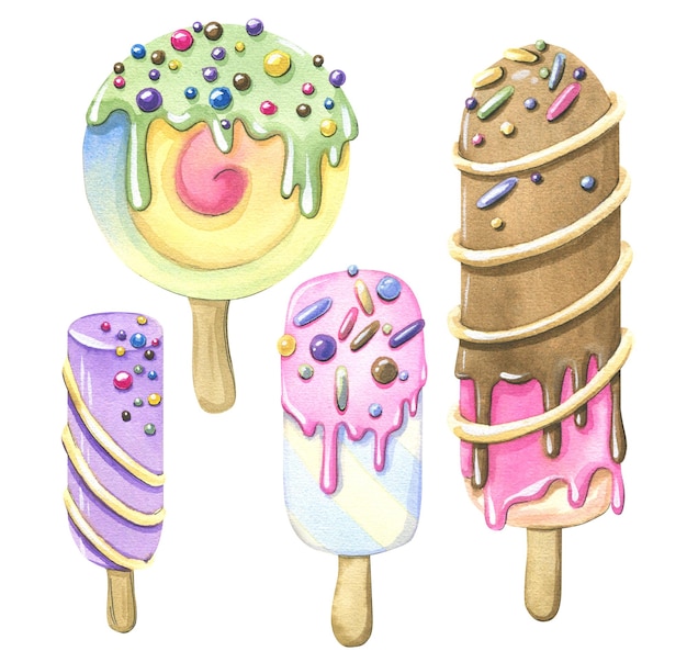 El helado de paletas es de diferentes versiones con glaseado y chispas de colores Ilustración de acuarela objetos aislados de un gran conjunto de HELADOS Para decoración de diseño y composiciones