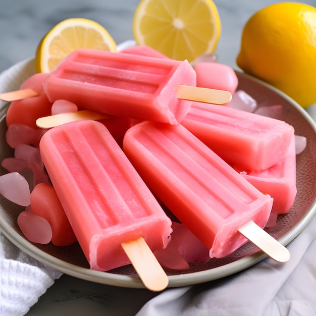 Foto helado de paletas de limonada rosa pastel y limón