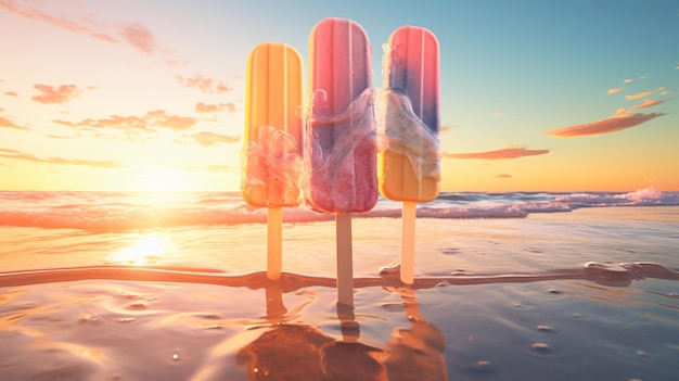 Foto helado de paletas de verano en la playa al atardecer