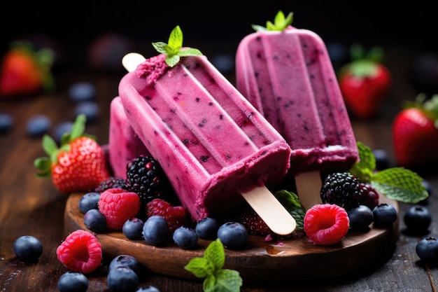 Helado en un palo con arándanos fresas y hojas de menta