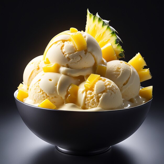 Foto helado de piña colocado en un cuenco maravilloso en un fondo negro aislado