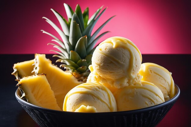 helado de piña colocado en un cuenco maravilloso en un fondo negro aislado