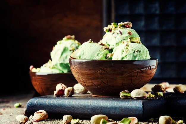 Helado de pistacho con nueces decorado con hojas de menta enfoque selectivo de fondo de madera vintage