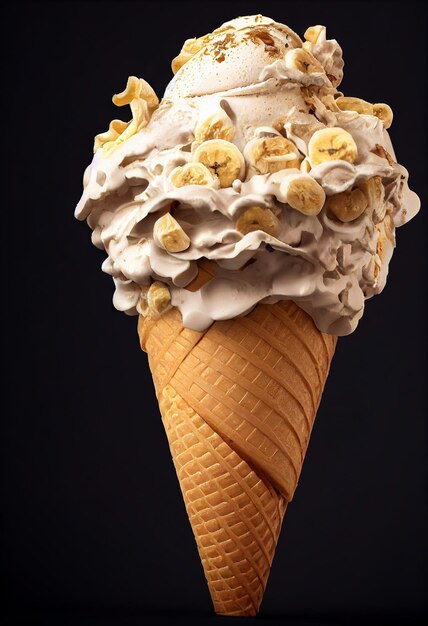 Helado de plátano o gelato en cono de oblea con trozos de plátano