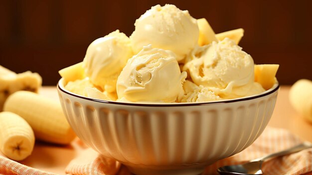 Helado de plátano en un recipiente aislado sobre fondo amarillo