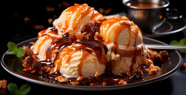 Helado en un plato líquido dulce caramelo miel imagen generada por IA