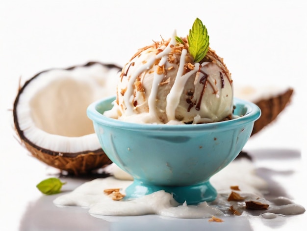 helado de postre de verano con coco aislado sobre fondo blanco