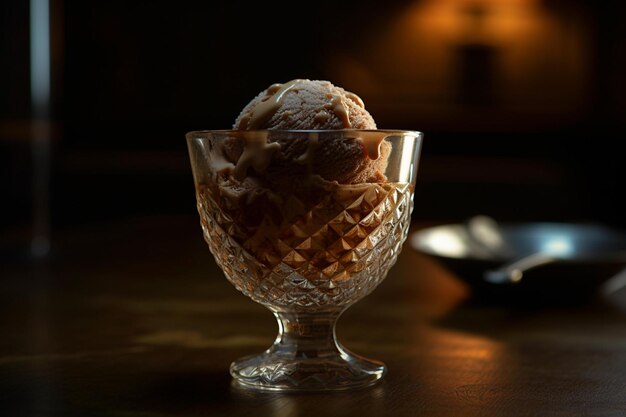 Helado que se sirve en una cristalería con diferentes bayas y aderezos en una mesa en el restaurante enfoque selectivo Postre frío de verano con bayas rojas generadas por IA