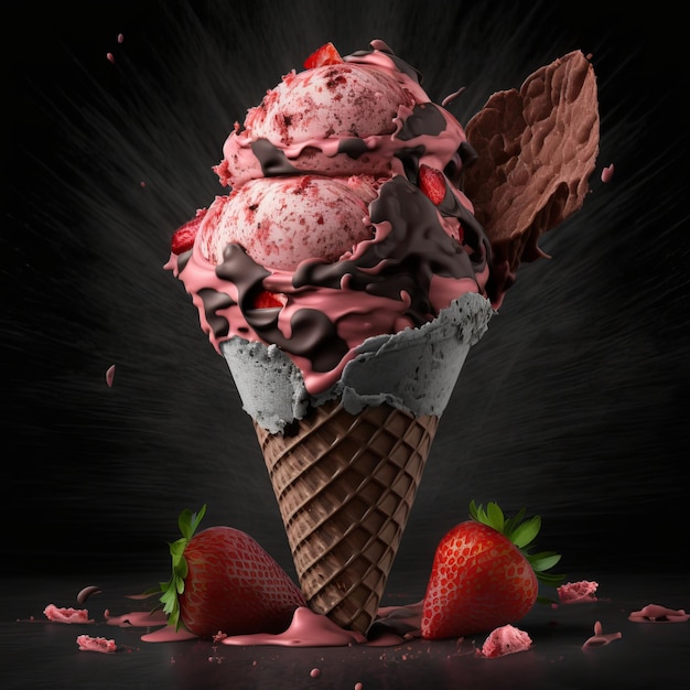 Helado refrescante de chocolate con fresas