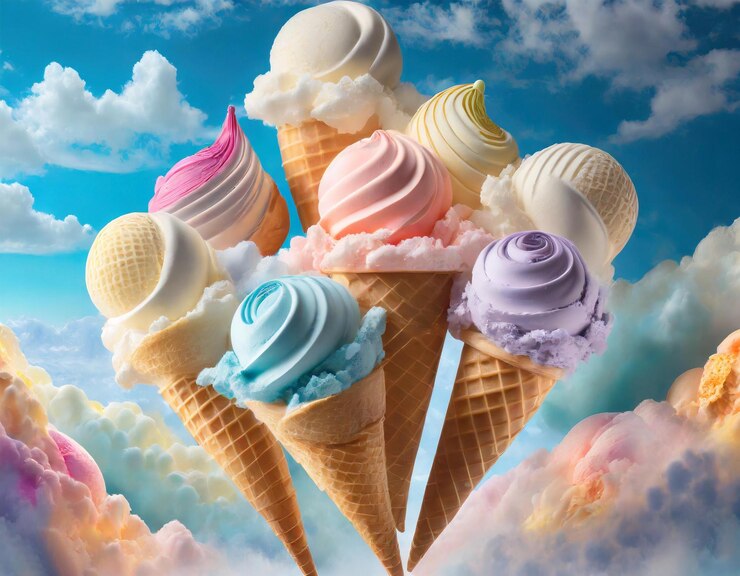 helado remolino conos arte de la comida fondo pastel surrealista con nubes
