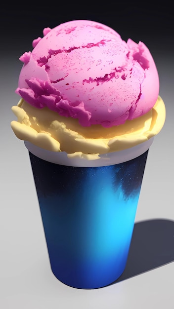 Helado rosa y amarillo en un vaso de papel azul