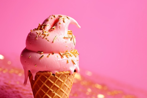 Helado rosa con chispitas de oro aislado sobre fondo rosa ai generado