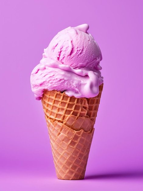 Helado rosa con glaseado rosa en un cono de waffle sobre un fondo púrpura