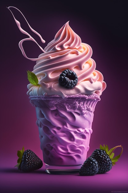 Un helado rosa con moras encima