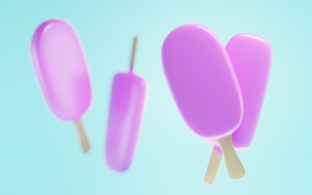 Helado rosa en palo de madera aislado sobre fondo azul Coloque paletas cremosas cubiertas de glaseado afrutado en sabores de frambuesa o fresa delicioso postre de verano congelado Ilustración 3d realista