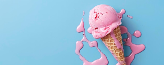 El helado rosado se derrite sobre un fondo azul.