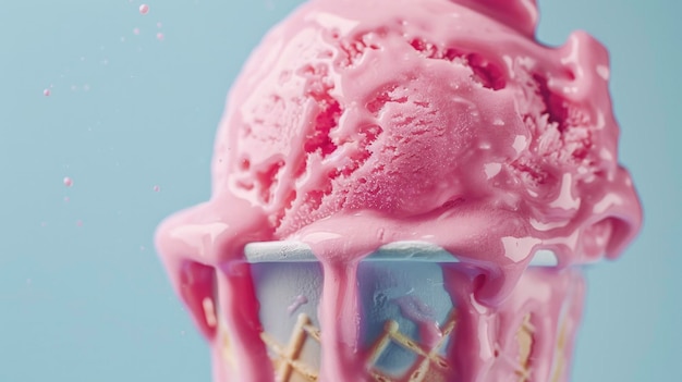 El helado rosado se derrite sobre un fondo azul.