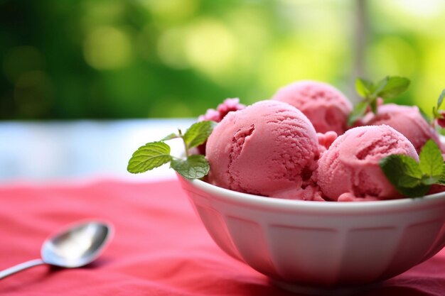 helado de sandía en un plato decorado con menta y rebanadas de sandía fresca detrás