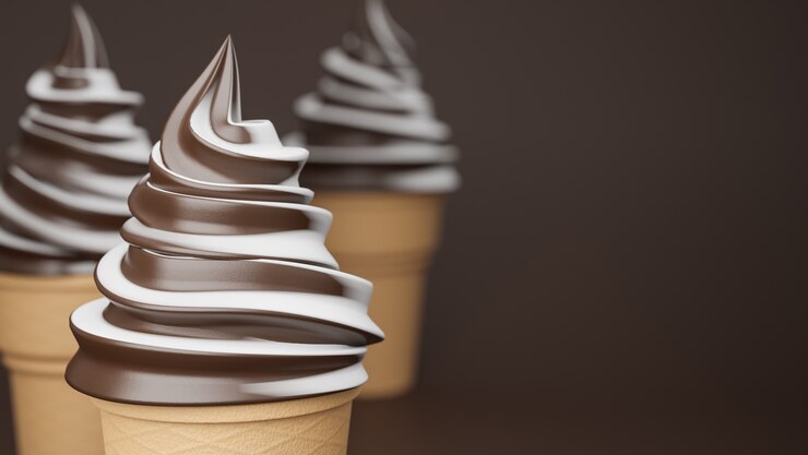 Helado suave de sabores de chocolate y leche en cono crujiente