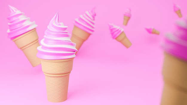 Helado suave de sabores de fresa y leche en cono crujiente sobre fondo rosa., Modelo 3d e ilustración.