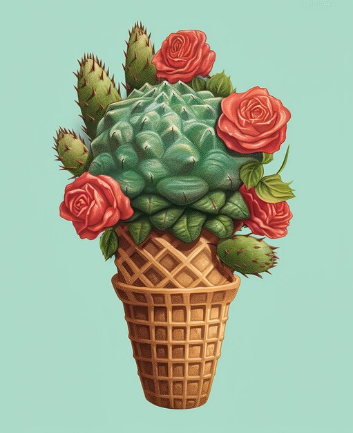 Helado en una taza de gofres con un cactus sobre un fondo verde IA generativa