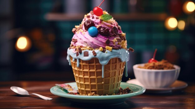 Helado en una taza de gofres Helado delicioso y colorido servido en una tazón de gofres