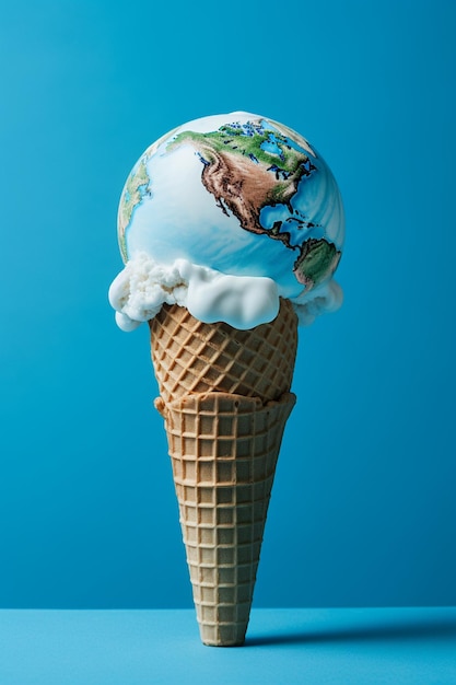 Helado de tierra en cono de waffle El mundo del helado se está derritiendo cambio climático y ecología concepto de verano y viajes idea mínima para el calentamiento global Cartel de Salvar el planeta