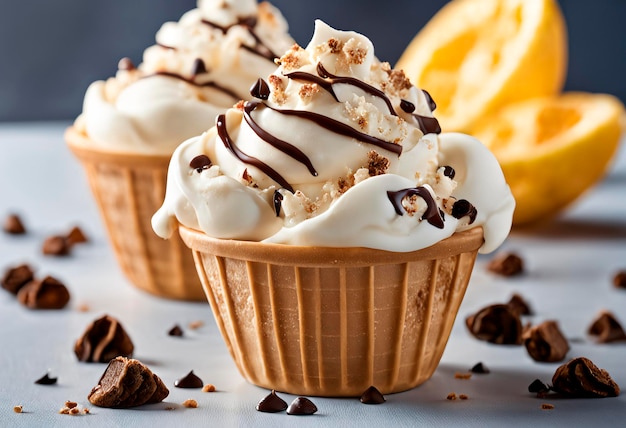 Helado con trozos de chocolate en la mesa