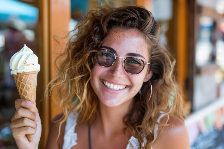 Helado de vainilla en cono de waffle Chica hermosa con cabello rubio largo sonriente Mujer con sombrero y gafas de sol en la playa en vacaciones de verano Anuncio de comida fría dulce en vacaciones en el mar