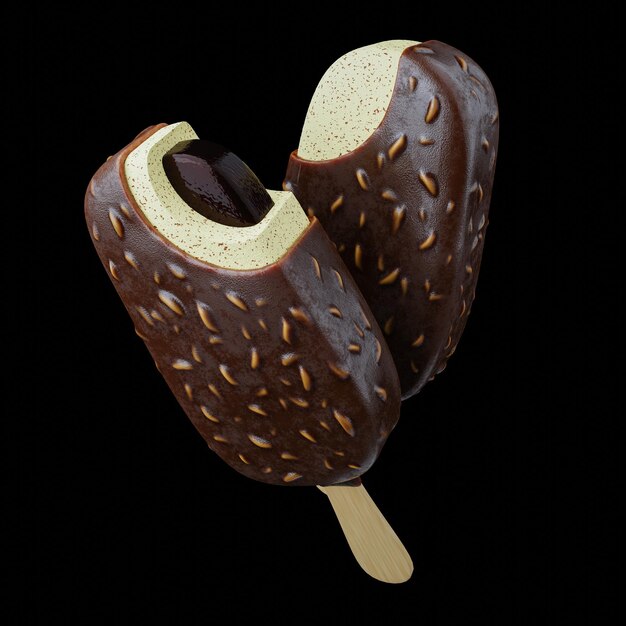 Foto helado de vainilla cubierto de chocolate con relleno de núcleo de chocolate comida popular con sabor dulce para el caluroso verano renderización 3d